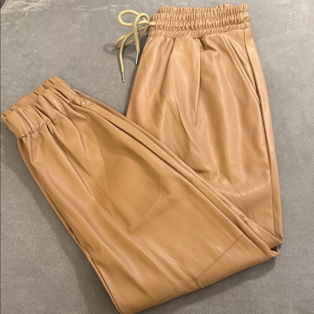 Women’s Tan Faux Leather Jogger Pants